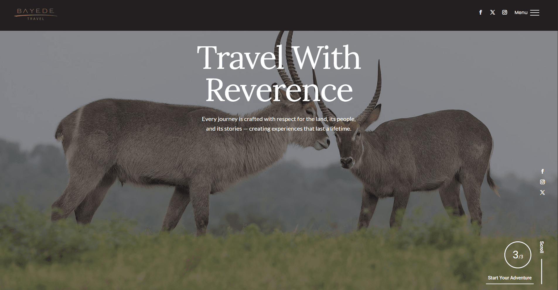 Bayede Travel homepage with two antelope and the heading Travel With Reverence