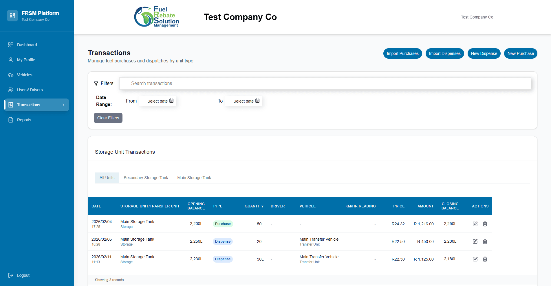 Fuel Rebate Solution Management transactions screen showing sample fuel purchases and dispenses for a test company