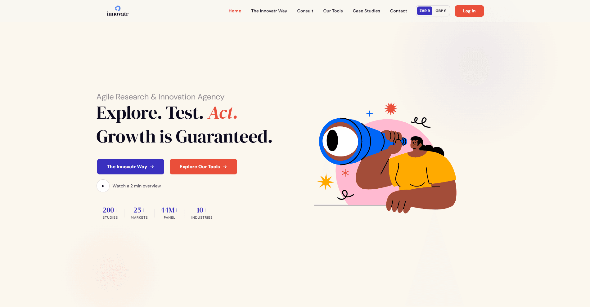 Innovatr’s public-facing homepage with its Explore, Test, Act introduction